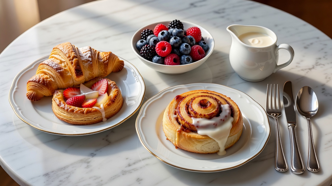 A pastry and breakfast accompaniments arranged on white porcelain beside polished silverware
