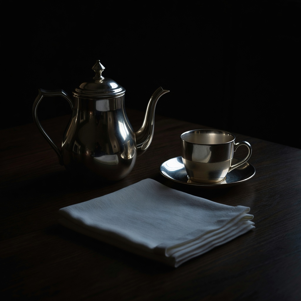 A reflective coffee pot, cup and folded linen on a breakfast table in deep morning shadows
