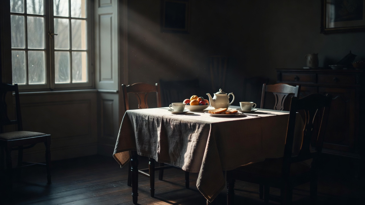Window light falling across a linen-covered breakfast table in a shadowed dining room